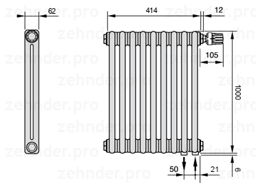 Схема (чертеж) Радиатор Zehnder Charleston 2100/9 №V002 Белый глянцевый RAL 9016